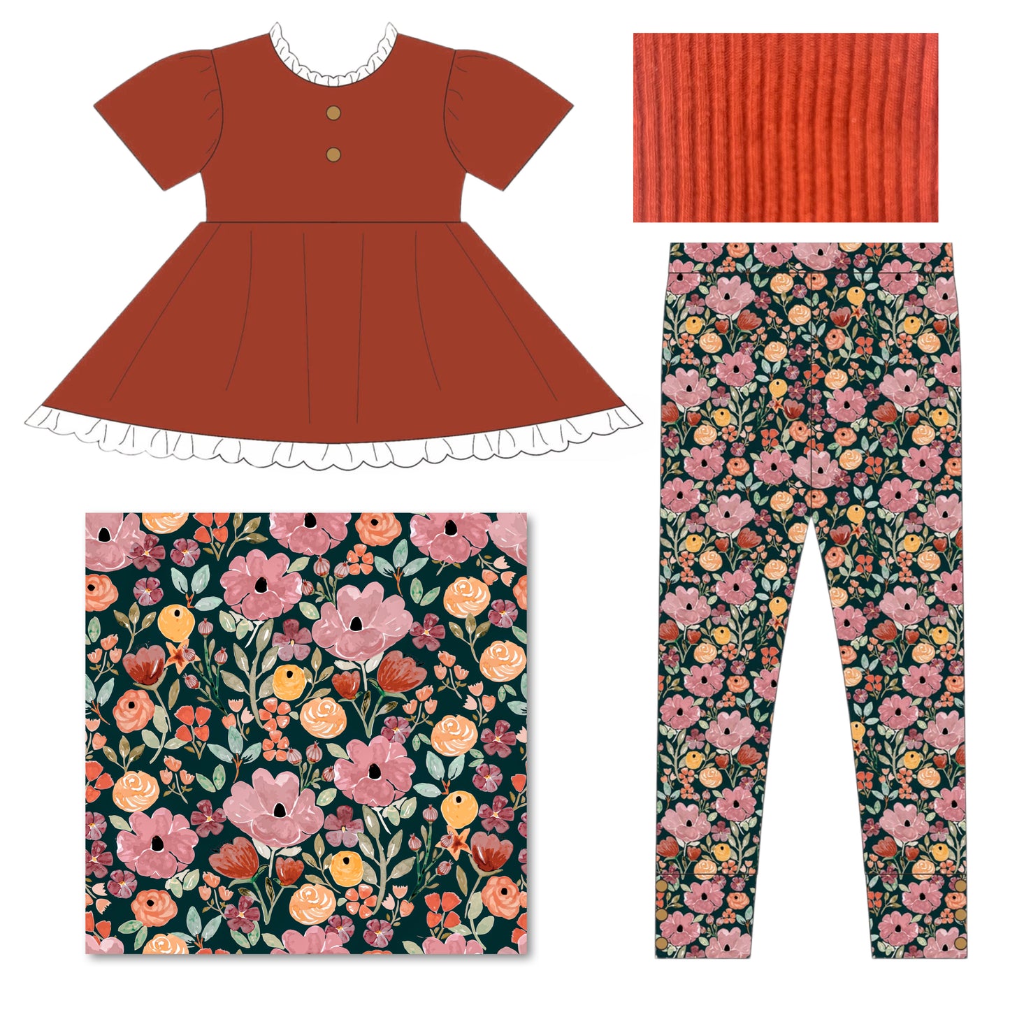 Burnt Orange Floral Fall Adele Set (Short or Long Sleeve) Preorder