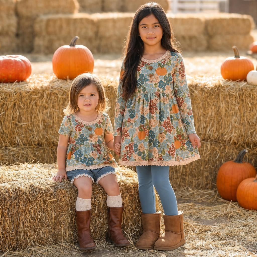 Pumpkin Floral Adele 3 piece sets (short or long sleeve) (Pumpkins & Gingham Preorder)
