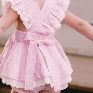 Pink Gingham with Gold thread dots Millie Set