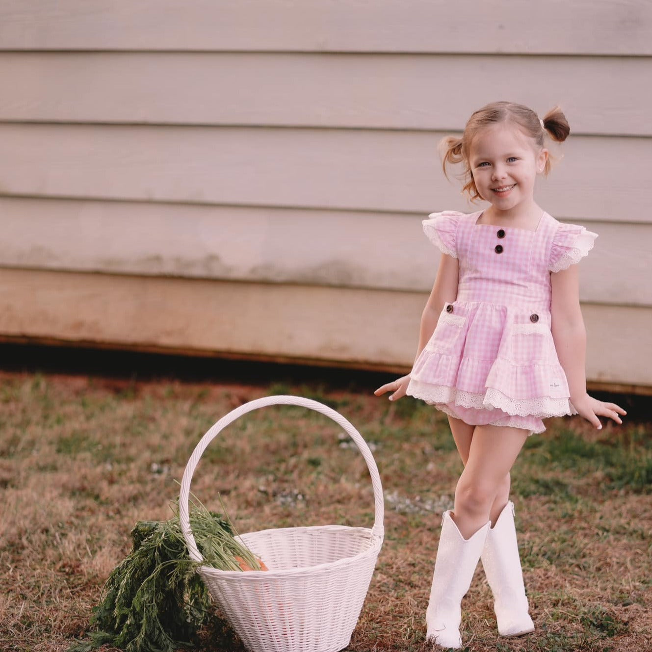 Pink Gingham with Gold thread dots Millie Set