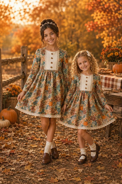 Pumpkin Floral Dress (Pumpkins & Gingham Preorder)