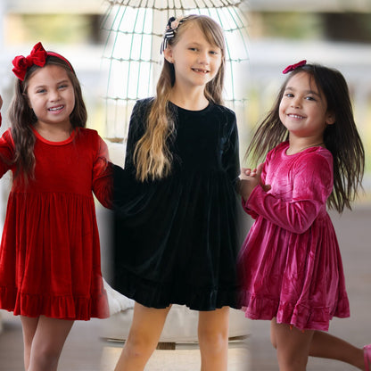 LPK Velvet Twirl dresses (pink, black, red)