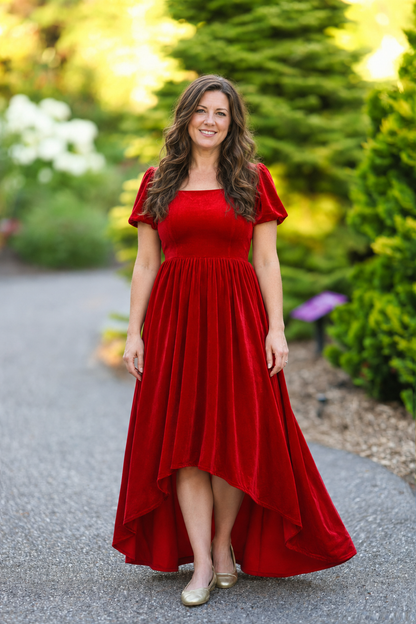 Women's Red or Green Annie HIGH/LOW Velvet Dress Preorder CDU26