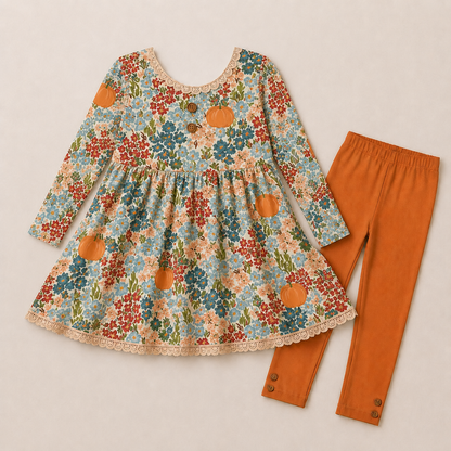Pumpkin Floral Adele 3 piece sets (short or long sleeve) (Pumpkins & Gingham Preorder)