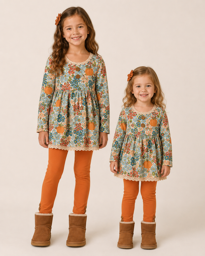 Pumpkin Floral Adele 3 piece sets (short or long sleeve) (Pumpkins & Gingham Preorder)