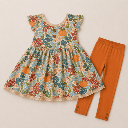 Pumpkin Floral Adele 3 piece sets (short or long sleeve) (Pumpkins & Gingham Preorder)