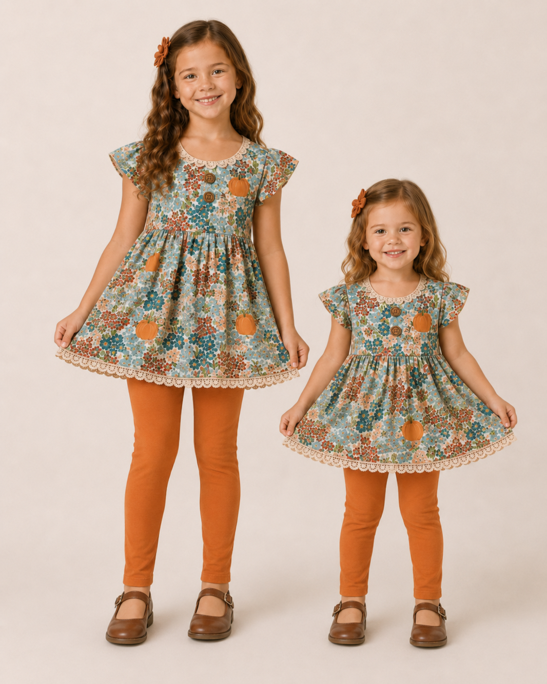 Pumpkin Floral Adele 3 piece sets (short or long sleeve) (Pumpkins & Gingham Preorder)
