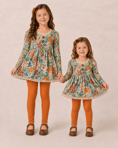Pumpkin Floral Adele 3 piece sets (short or long sleeve) (Pumpkins & Gingham Preorder)