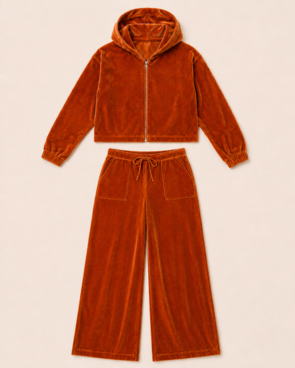 Velvet Wide Leg Hoodie Set Preorder (Rust orange or Black)