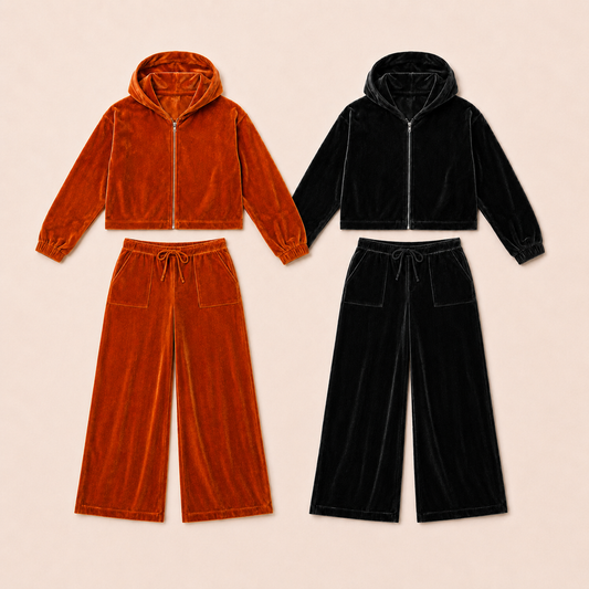 Velvet Wide Leg Hoodie Set Preorder (Rust orange or Black)