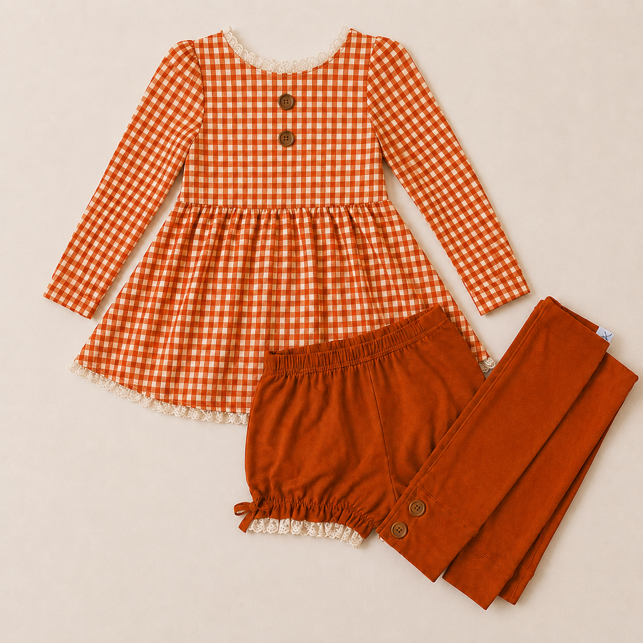 Gingham 3 piece Adele Sets (short or long sleeve, 3 colors) (Pumpkins & Gingham Preorder)