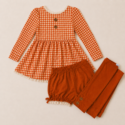 Gingham 3 piece Adele Sets (short or long sleeve, 3 colors) (Pumpkins & Gingham Preorder)