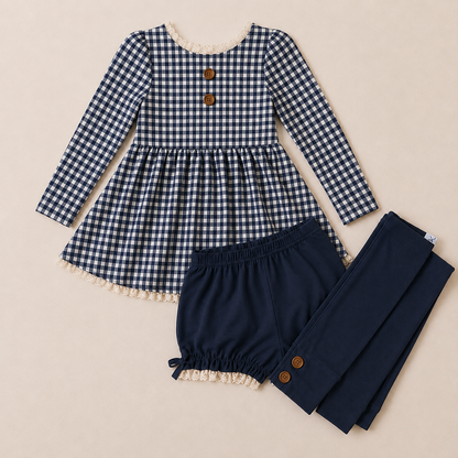 Gingham 3 piece Adele Sets (short or long sleeve, 3 colors) (Pumpkins & Gingham Preorder)