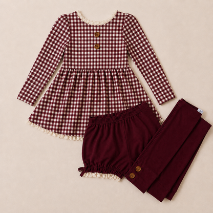 Gingham 3 piece Adele Sets (short or long sleeve, 3 colors) (Pumpkins & Gingham Preorder)