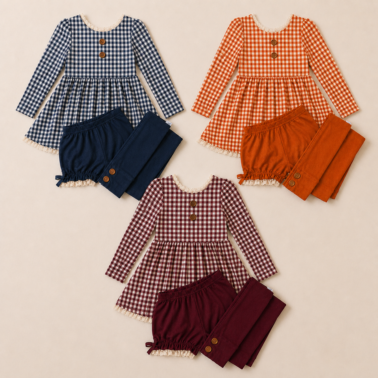Gingham 3 piece Adele Sets (short or long sleeve, 3 colors) (Pumpkins & Gingham Preorder)