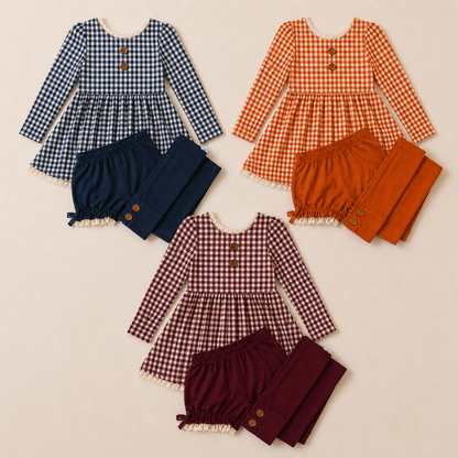 Gingham 3 piece Adele Sets (short or long sleeve, 3 colors) (Pumpkins & Gingham Preorder)
