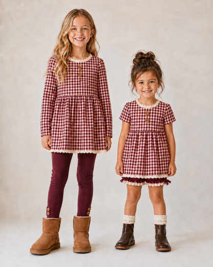 Gingham 3 piece Adele Sets (short or long sleeve, 3 colors) (Pumpkins & Gingham Preorder)