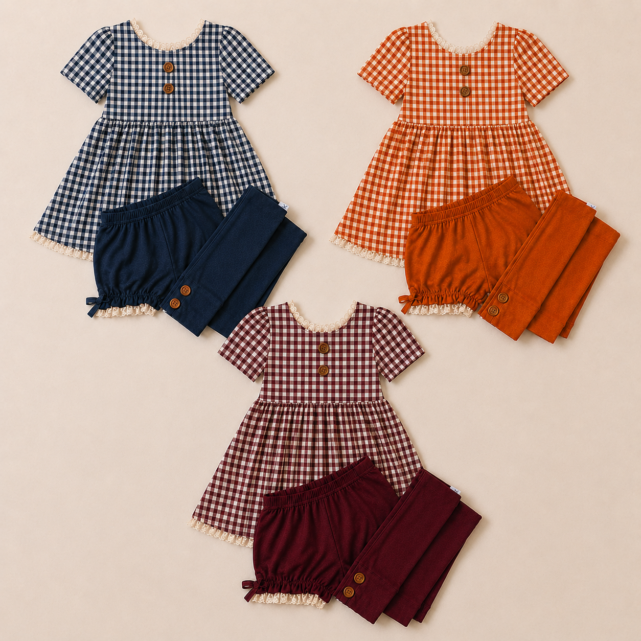 Gingham 3 piece Adele Sets (short or long sleeve, 3 colors) (Pumpkins & Gingham Preorder)
