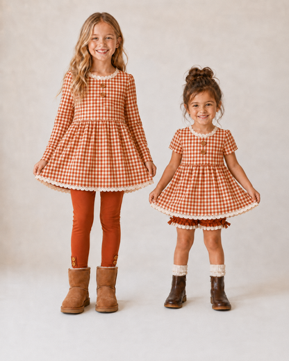 Gingham 3 piece Adele Sets (short or long sleeve, 3 colors) (Pumpkins & Gingham Preorder)