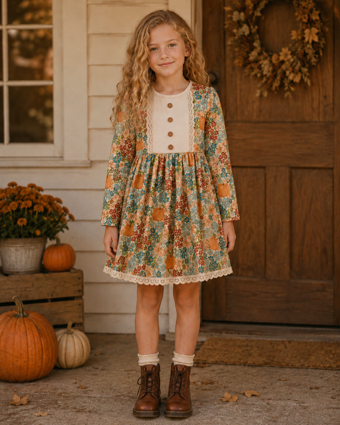 Pumpkin Floral Dress (Pumpkins & Gingham Preorder)