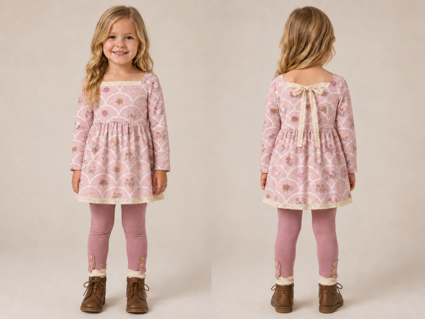 Pink Scallop Floral Dress or Tunic (Long or Cap Sleeve) Preorder (FTF26)