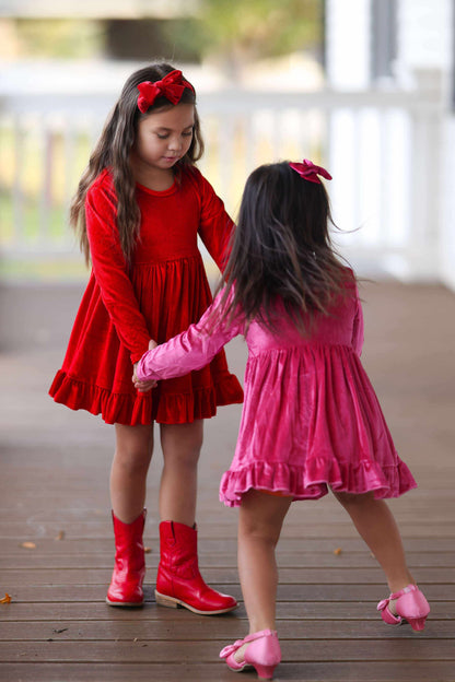 LPK Velvet Twirl dresses (pink, black, red)