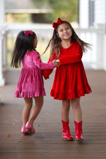 LPK Velvet Twirl dresses (pink, black, red)