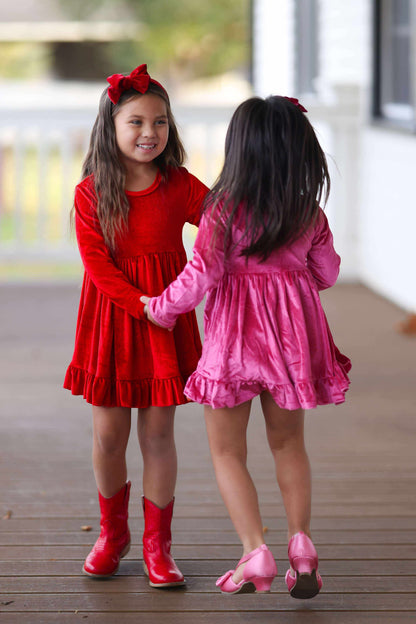 LPK Velvet Twirl dresses (pink, black, red)