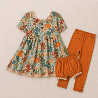 Pumpkin Floral Adele 3 piece sets (short or long sleeve) (Pumpkins & Gingham Preorder)