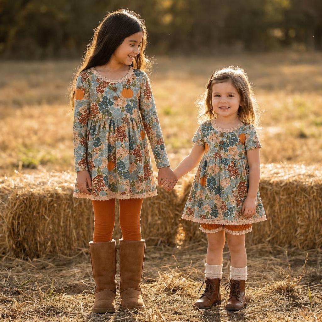 Pumpkin Floral Adele 3 piece sets (short or long sleeve) (Pumpkins & Gingham Preorder)