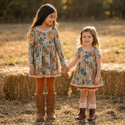 Pumpkin Floral Adele 3 piece sets (short or long sleeve) (Pumpkins & Gingham Preorder)