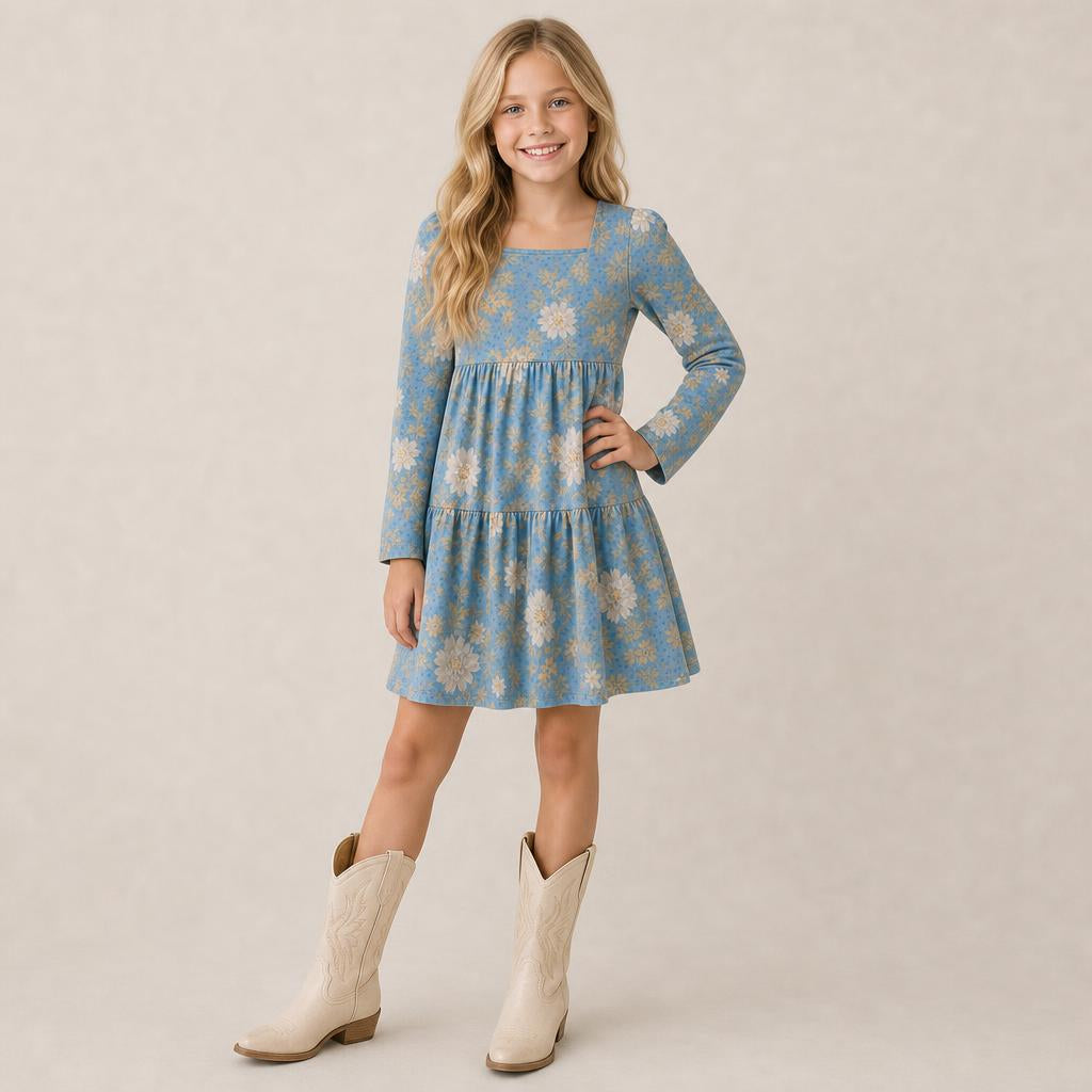 Dusty Blue Floral Dress (Long or Cap Sleeve) Preorder (FTF26)