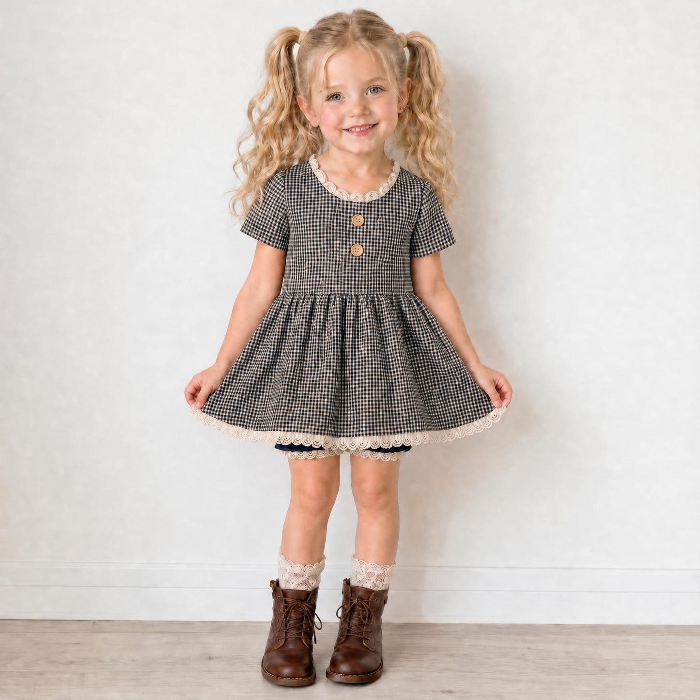 Gingham 3 piece Adele Sets (short or long sleeve, 3 colors) (Pumpkins & Gingham Preorder)