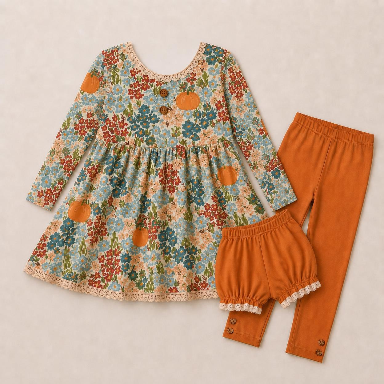 Pumpkin Floral Adele 3 piece sets (short or long sleeve) (Pumpkins & Gingham Preorder)