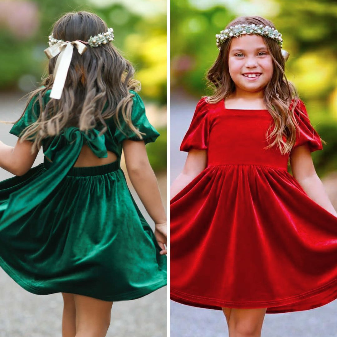Girls Red or Green Annie Velvet Twirl Dress Preorder CDU26