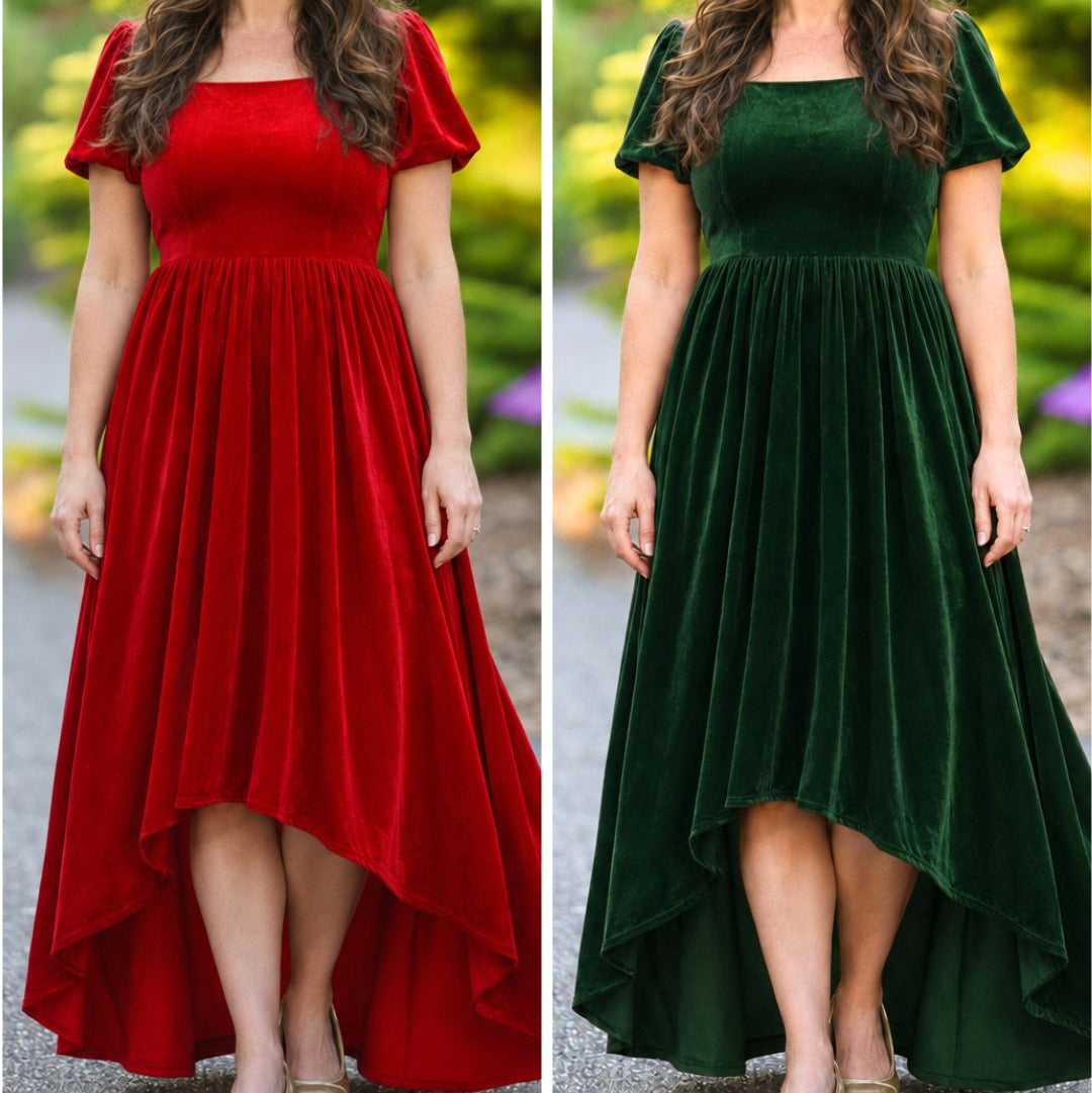 Women's Red or Green Annie HIGH/LOW Velvet Dress Preorder CDU26