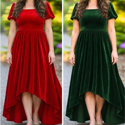 Women's Red or Green Annie HIGH/LOW Velvet Dress Preorder CDU26