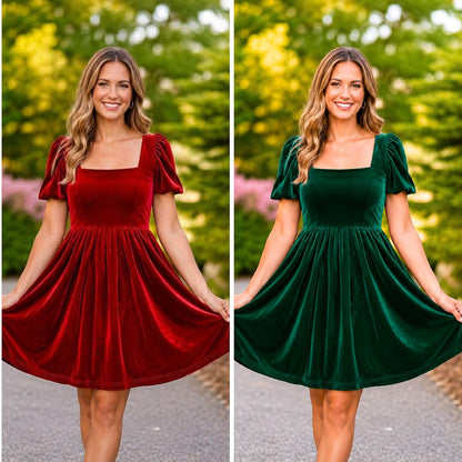 Women's Red or Green Annie Velvet Twirl Dress Preorder CDU26