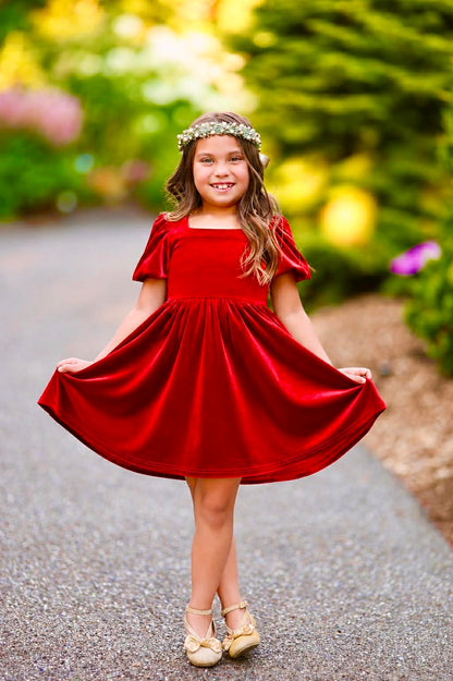 Girls Red or Green Annie Velvet Twirl Dress Preorder CDU26