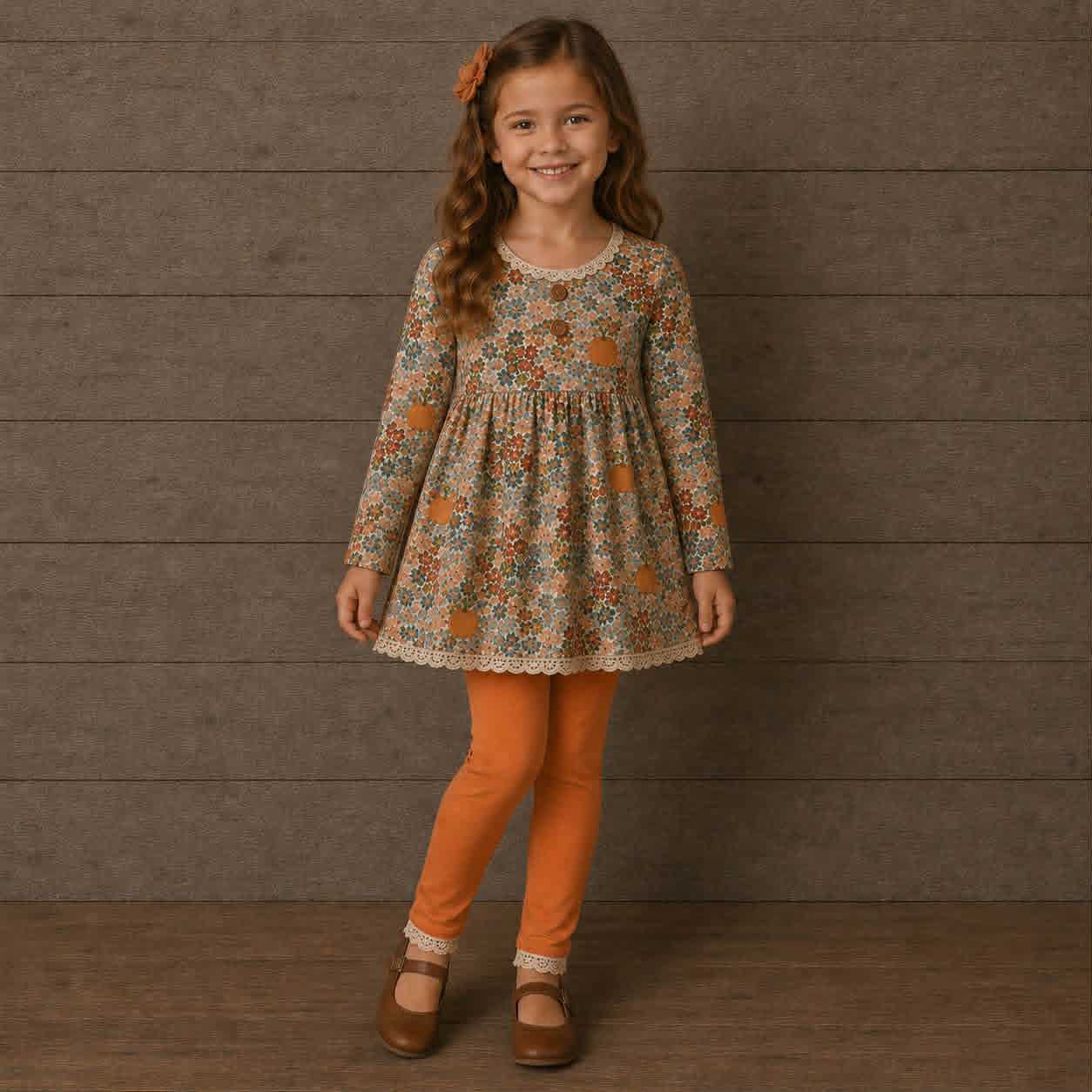 Pumpkin Floral Adele 3 piece sets (short or long sleeve) (Pumpkins & Gingham Preorder)