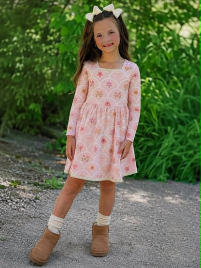Pink Scallop Floral Dress or Tunic (Long or Cap Sleeve) Preorder (FTF26)