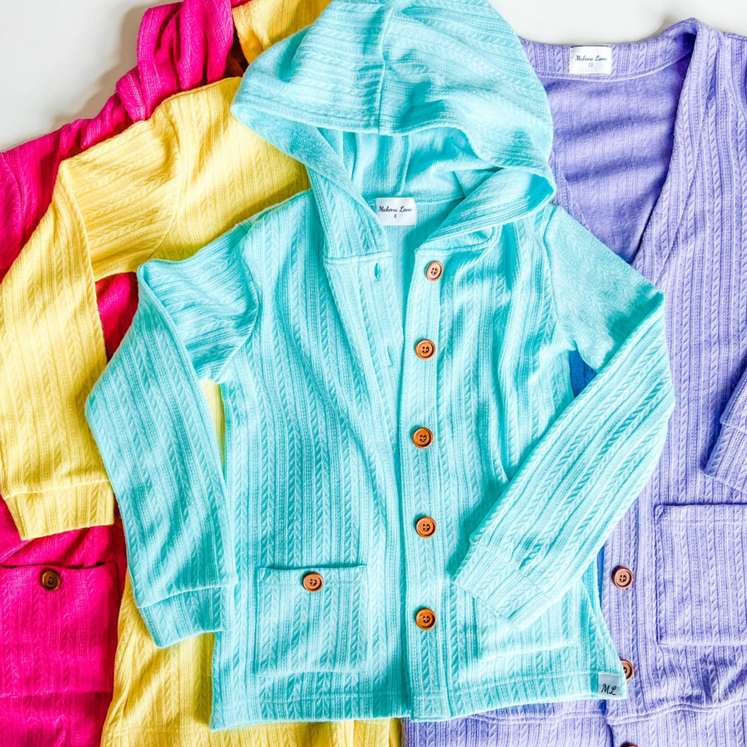 Girls Mid length cardi with hood (yellow/mint/blue/lavender)