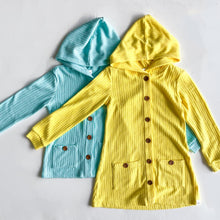 Load image into Gallery viewer, Girls Mid length cardi with hood (yellow/mint/blue/lavender)